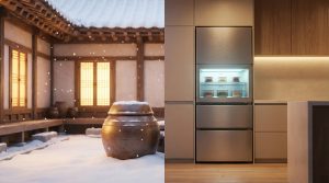 현대적인 아파트 주방 한 켠에 놓인 김치냉장고와 과거 땅속에 묻힌 김장독이 오버랩되는 모습