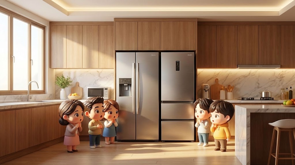 현대적인 한국 주방에 나란히 놓인 두 대의 냉장고와 이를 신기하게 바라보는 인물들)