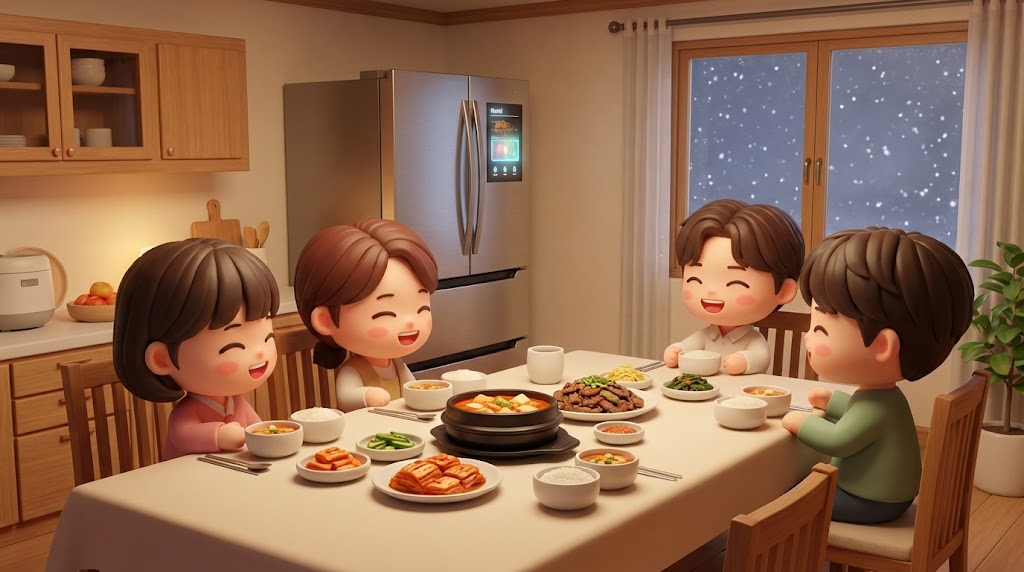 따뜻한 집안에서 미식을 즐기며 행복한 미소를 짓는 가족들