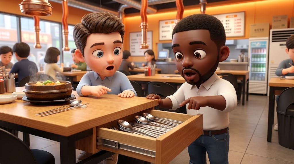 한국 식당 테이블 옆면의 숨겨진 서랍을 발견하고 즐거워하는 외국인 여행객들