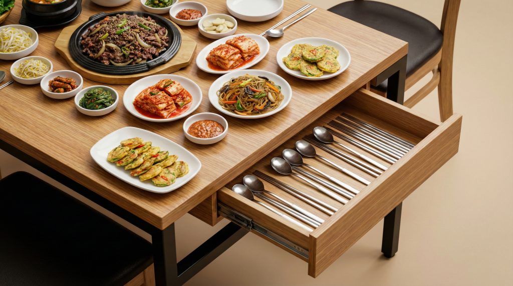 넓고 쾌적한 테이블 위 정갈하게 차려진 한국 음식과 대비되는 효율적인 서랍 수납