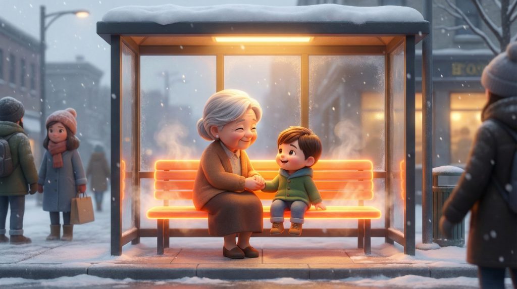 할머니와 아이가 따뜻한 의자에 나란히 앉아 버스를 기다리는 정겨운 풍경