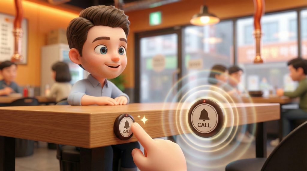 테이블 모서리에 있는 호출 벨을 누르는 손가락과 그를 바라보는 캐릭터