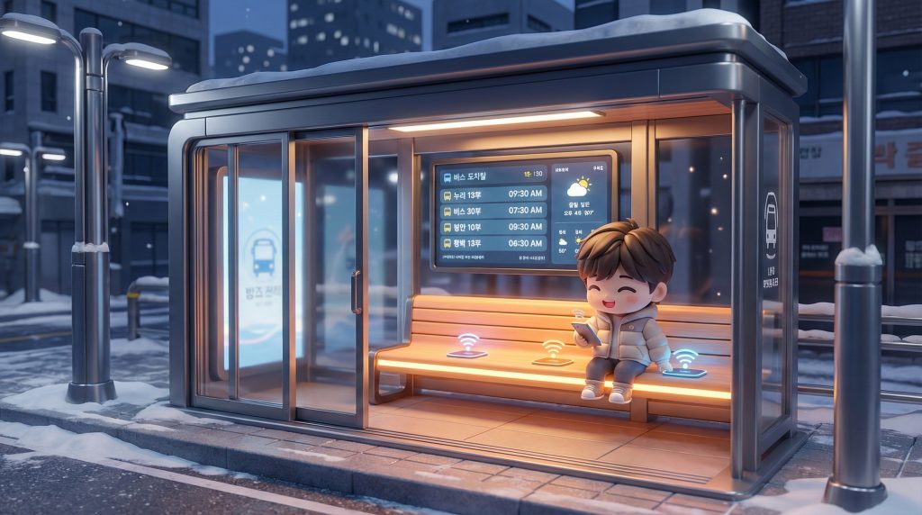 스마트폰 충전 패드와 에어컨/히터 시설을 갖춘 미래형 스마트 버스 정류장
