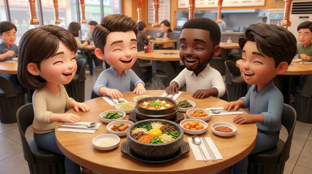 냅킨 위에 정성스럽게 수저를 세팅하며 즐겁게 대화하는 식사 자리