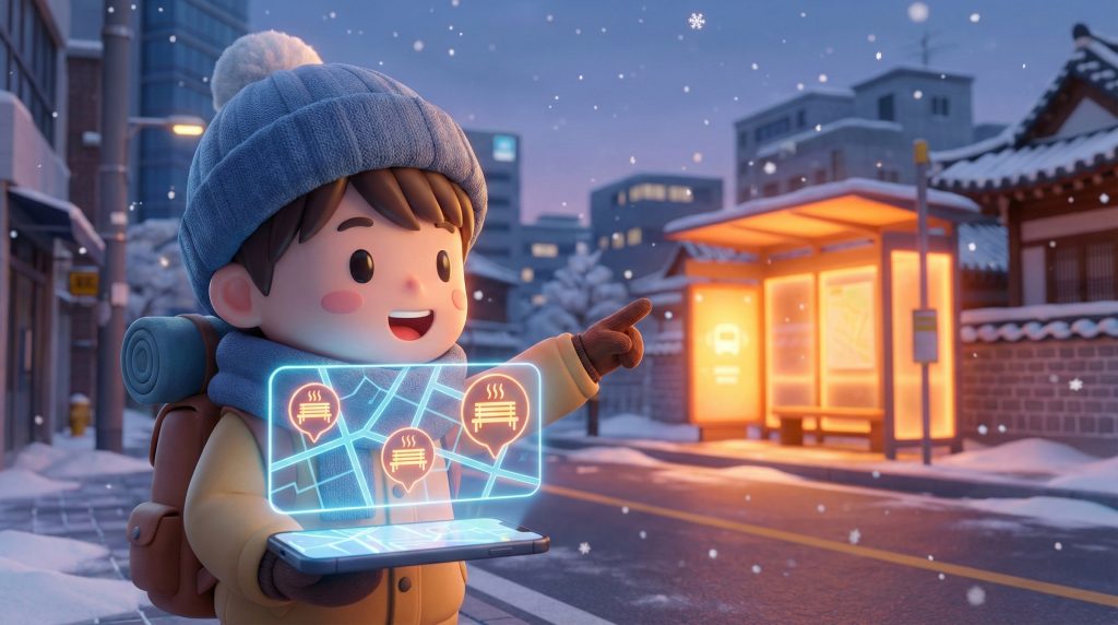 지도 앱을 보며 온열 의자가 있는 스마트 정류장을 찾아가는 귀여운 캐릭터