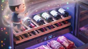 김치 외에도 프리미엄 소고기와 와인이 정갈하게 보관되어 있는 다목적 김치냉장고