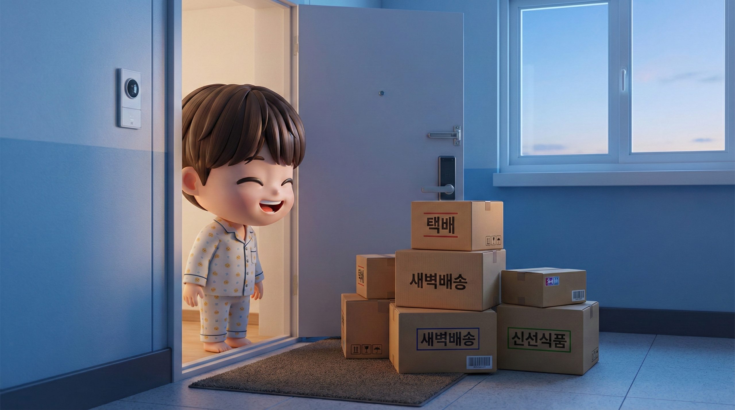 푸른 새벽녘 한국 아파트 복도 현관 앞에 놓인 새벽배송 상자
