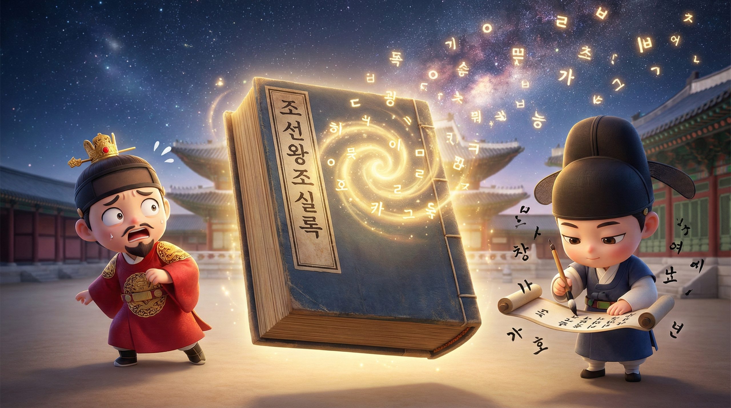 조선왕조실록 기록 문화를 상징하는 연출 이미지: 빛나는 실록 앞의 왕과 기록을 남기는 사관