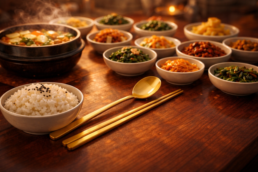 정갈하게 차려진 한국 가정식 밥상과 금색 수저 (A neatly set Korean home-style meal with golden spoon and chopsticks)
