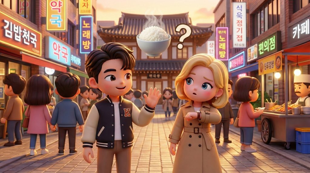 길에서 친구를 만나 밥 인사를 나누는 한국인과 외국인 캐릭터 (Characters meeting on the street and exchanging meal greetings)