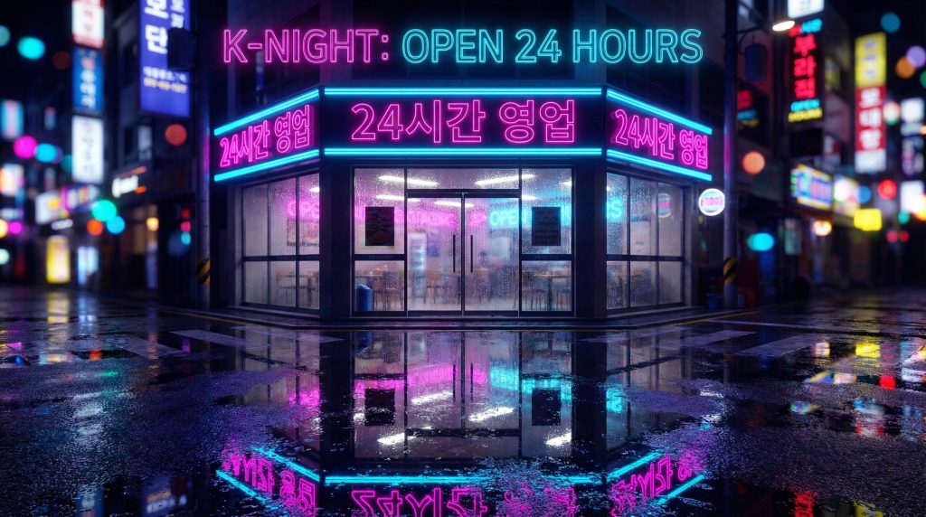 화려한 네온사인이 빛나는 24시 식당 입구와 젖은 아스팔트에 반사되는 빛의 조화