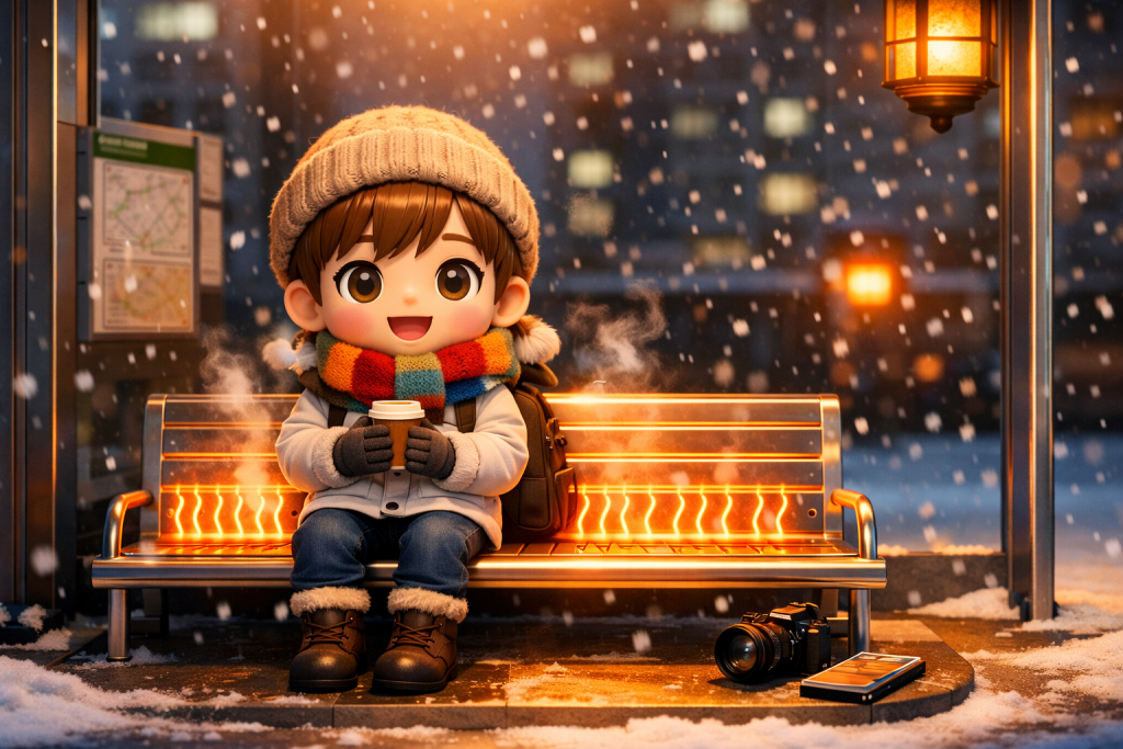 눈 내리는 밤, 따뜻하게 빛나는 온열 의자에 앉아 행복해하는 여행자의 모습