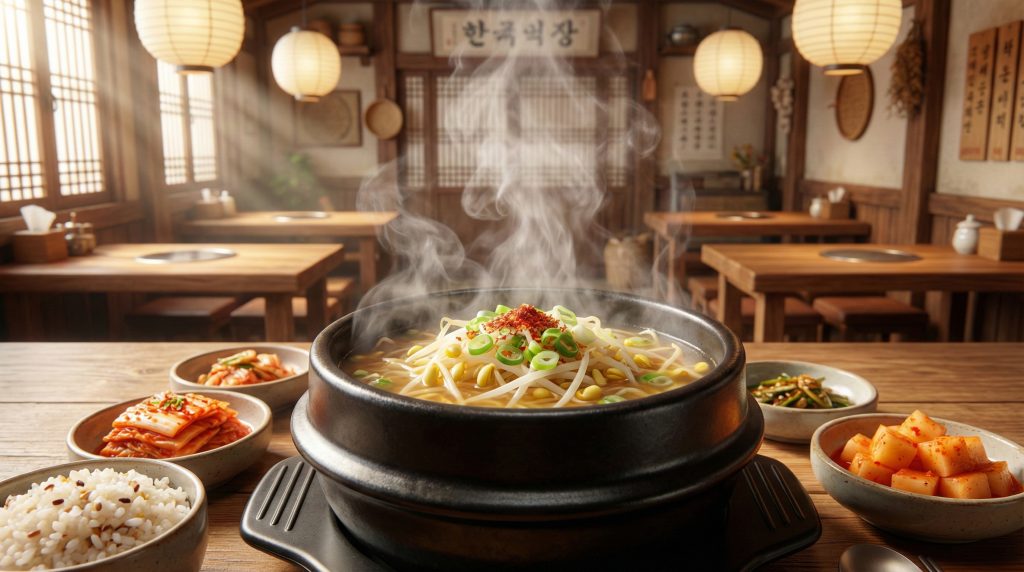 김이 모락모락 나는 한국의 정통 콩나물 해장국과 정갈한 밑반찬들 (A steaming bowl of Korean bean sprout soup 'Kongnamul-guk' with neat side dishes)