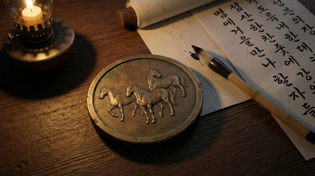 옛 서류 위에 놓인 정교한 삼마패 이미지 (Detailed Sam-mapae on historical documents, 3D Chibi style)
