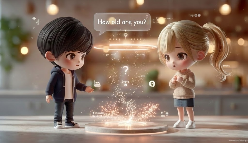 처음 만난 두 캐릭터가 인사하며 나이를 묻는 장면 Two characters meeting for the first time, one asks about age politely 