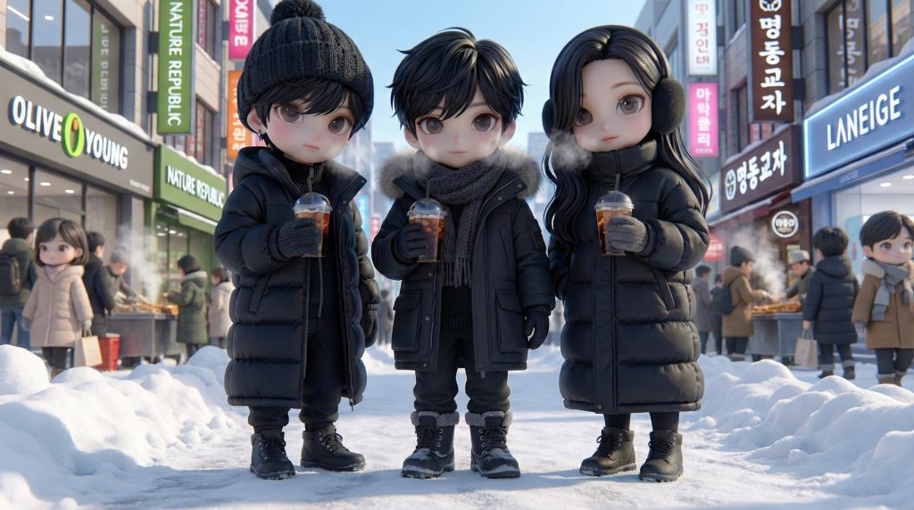 두꺼운 겨울 코트를 입고 얼음이 가득한 커피를 마시며 걷는 귀여운 캐릭터들 (Cute characters in heavy winter coats walking while drinking iced coffee)