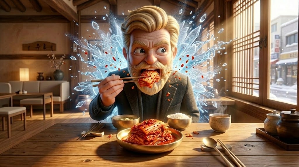 김치의 시원한 맛에 눈이 번쩍 뜨인 여행자 (A traveler surprised by the refreshing taste of Kimchi)