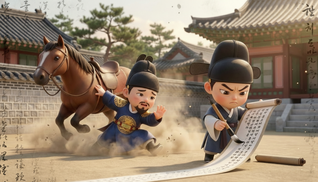 조선시대 사관이 왕의 뒤에서 몰래 기록을 남기는 익살스러운 3D 치비 스타일 장면 (A scene where a Joseon dynasty historian secretly records the king's actions behind him, 3D chibi style) 