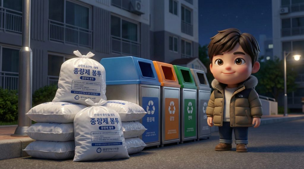한국 아파트의 역사적인 쓰레기 종량제 봉투와 재활용함을 사실적으로 묘사한 이미지