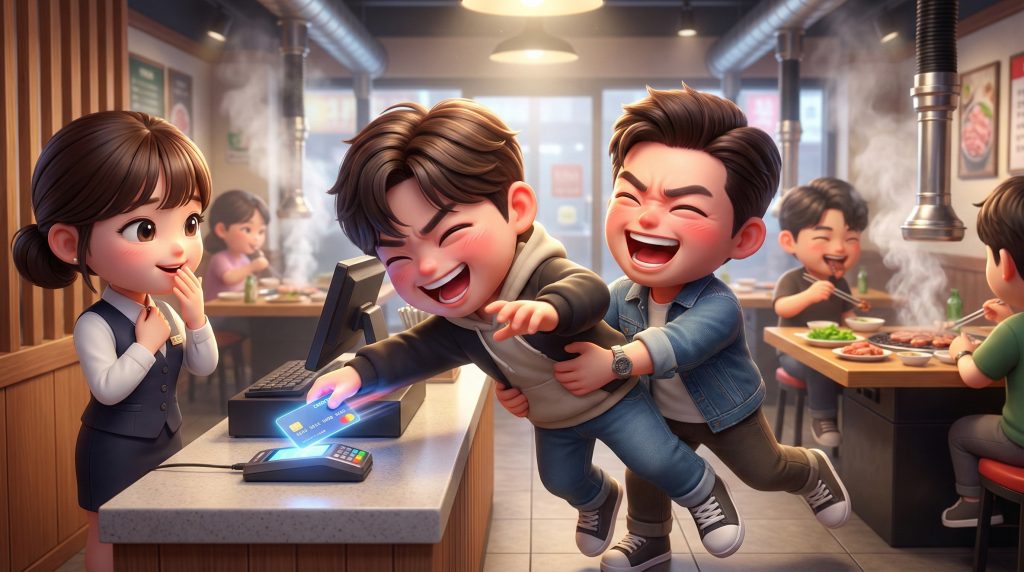 한글: 한국 식당에서 한 명은 결제하려 하고 한 명은 이를 필사적으로 막는 우스꽝스러운 카드 전쟁 장면 English: A humorous scene of a 'bill battle' in a Korean restaurant where one person tries to pay while another tries to stop them.