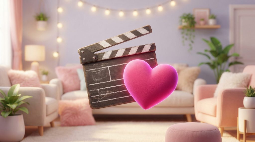  K-드라마의 마법 같은 시작을 알리는 핑크빛 하트와 슬레이트가 놓인 로맨틱한 세트장 배경 (The magical beginning of a K-drama featuring a slate with pink hearts in a romantic set background) 