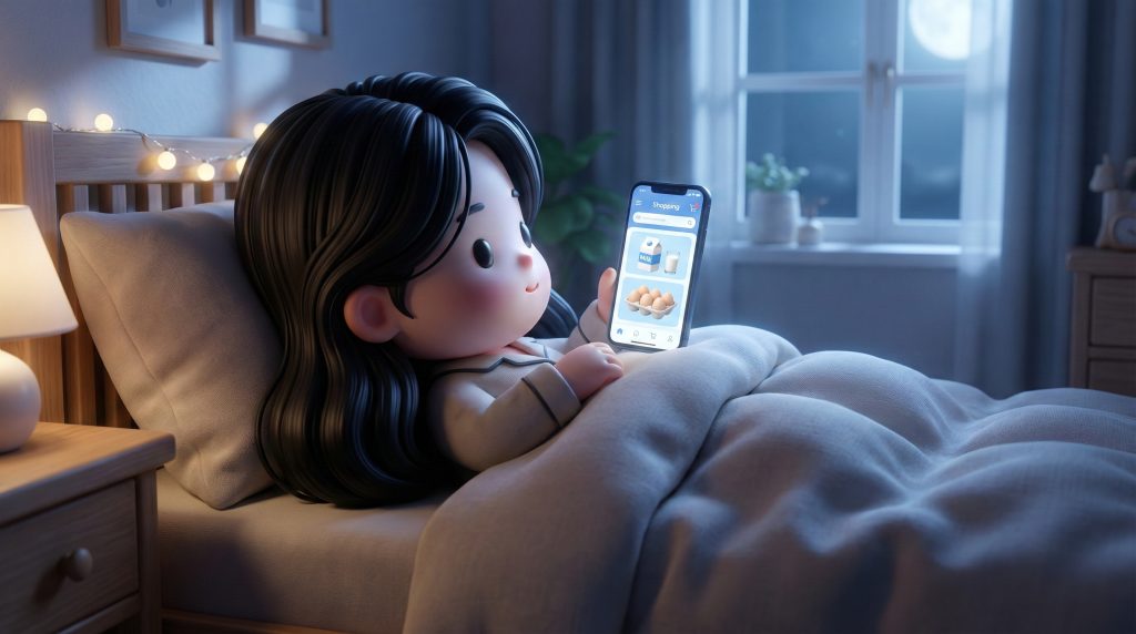 밤늦게 침대에 누워 스마트폰으로 내일 아침 먹거리를 주문하는 평화로운 모습 (A peaceful scene of someone ordering fresh food via smartphone while lying in bed late at night) 