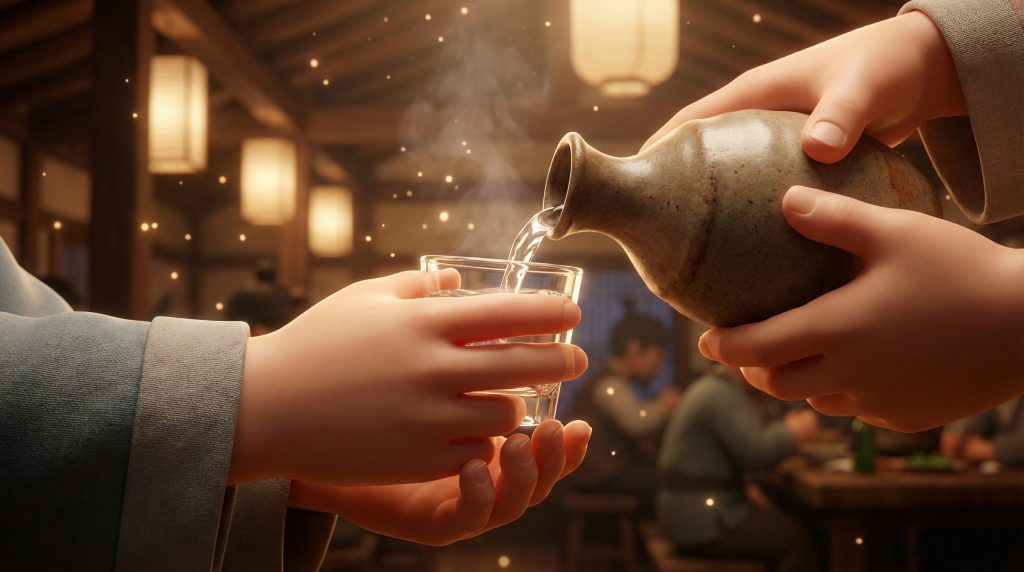 한국 술자리에서 두 손으로 정중하게 술을 주고받는 모습 (Koreans exchanging drinks with both hands as a sign of respect)