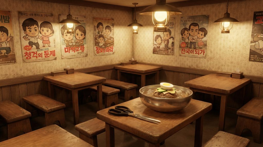 빈티지한 한국 식당 테이블 위에 냉면 그릇과 검은 손잡이 가위가 함께 놓여 있다.