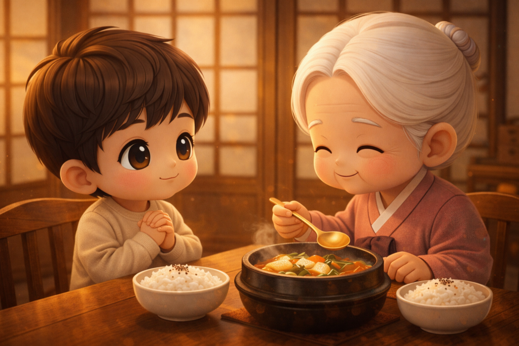 어른의 식사 시작을 공손히 기다리는 모습 (Politely waiting for the elder to begin the meal)