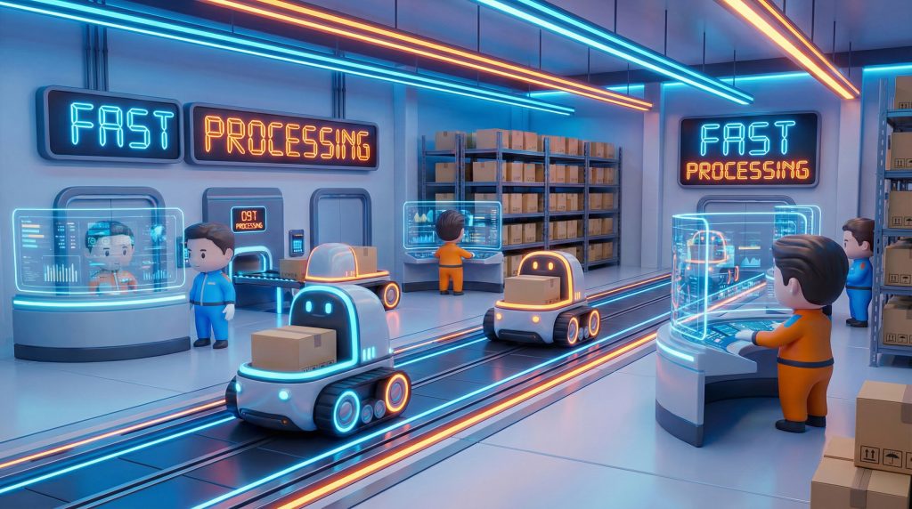  분주하게 움직이는 로봇과 최첨단 설비를 갖춘 현대적인 물류 센터의 모습 (The scene of a modern logistics center with busy robots and cutting-edge facilities) 