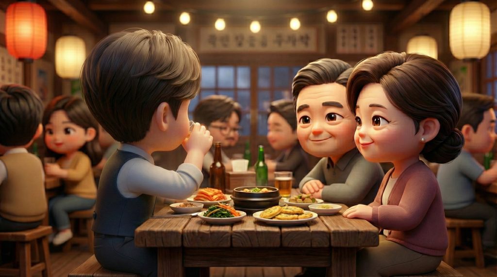 어른 앞에서 고개를 옆으로 돌려 예의 있게 술을 마시는 모습 (Turning the head away while drinking to show etiquette in front of elders)