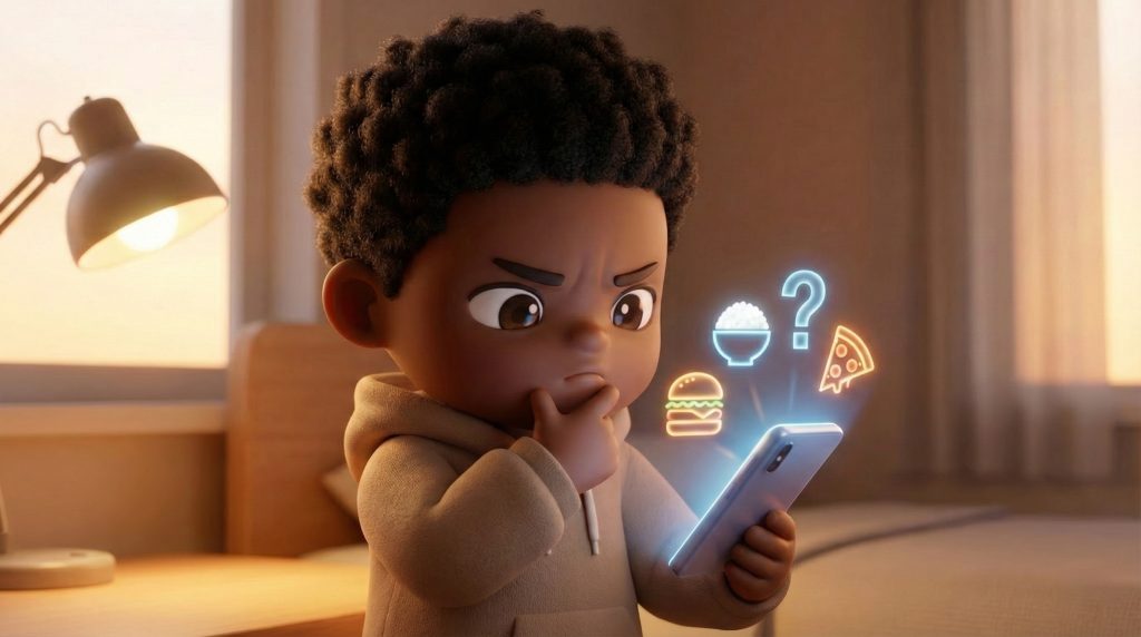 스마트폰 메시지창에 가득한 밥 안부 인사와 이를 보며 혼란에 빠진 캐릭터 A character who says hello to Bob full of smartphone messages and is confused by it