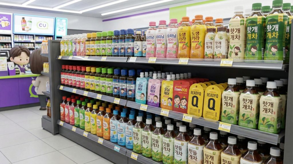 한국 편의점 내부에 진열된 다양한 숙취 해소 음료들을 고르는 모습 (Various hangover cure drinks displayed inside a Korean convenience store) 