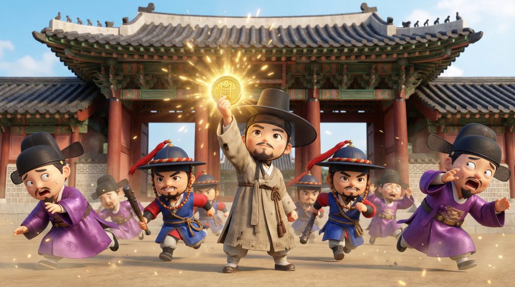 마패를 들어 올려 신분을 밝히는 암행어사의 역동적인 장면 (The dramatic moment of an Inspector revealing identity with Mapae, 3D Chibi style)