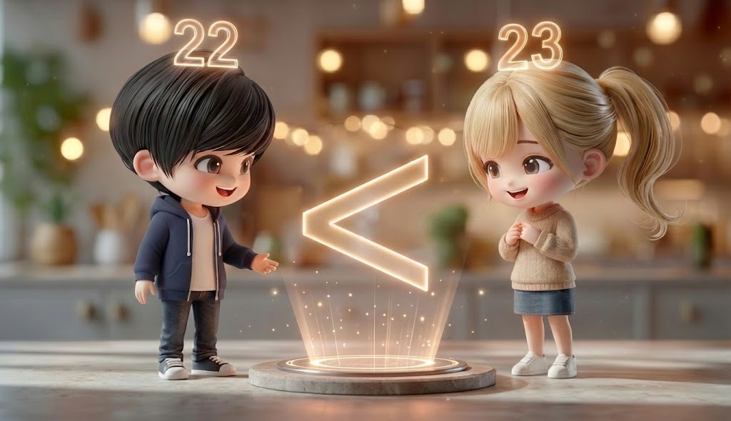 나이가 확인되며 게임 UI처럼 ‘관계 설정’이 되는 스캔 연출 A game-like UI scan effect that “sets the relationship” after age is checked 