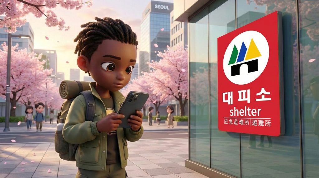 스마트폰 '안전디딤돌' 앱으로 민방위 일정을 확인하며 노란 대피소 표지판 앞에 서 있는 외국인 치비 캐릭터 / A foreign chibi character standing in front of a yellow shelter sign, checking the civil defense schedule on the 'Safety Stepping Stone' 