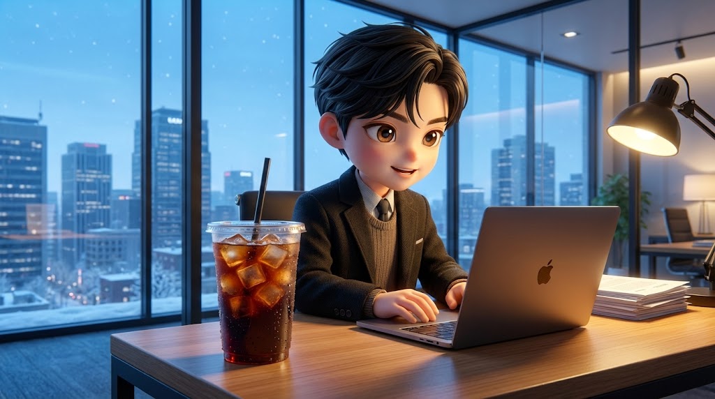 사무실 책상 위 서류 옆에 놓인 아이스 아메리카노와 열중하는 캐릭터 (An iced americano on an office desk next to documents and a busy character)
