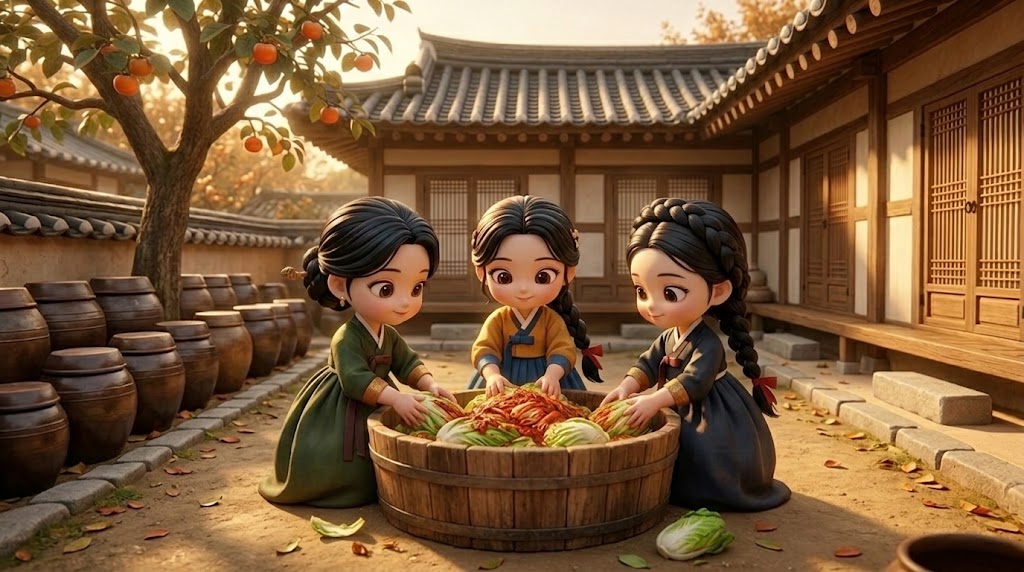 전통 한옥 마당에서 김치를 담그며 웃음꽃을 피우는 사람들 (People making Kimchi in a traditional Hanok courtyard)