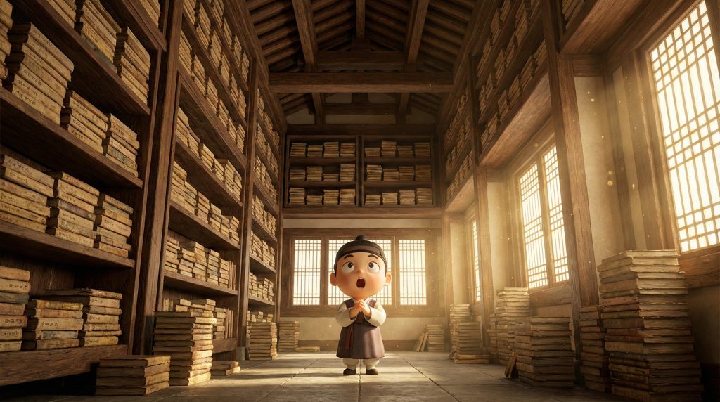 장서각 내부에 끝없이 쌓인 조선왕조실록 고서들 앞의 3D 치비 캐릭터 (Chibi character in front of endless stacks of Joseon Dynasty Annals in a historical library) 