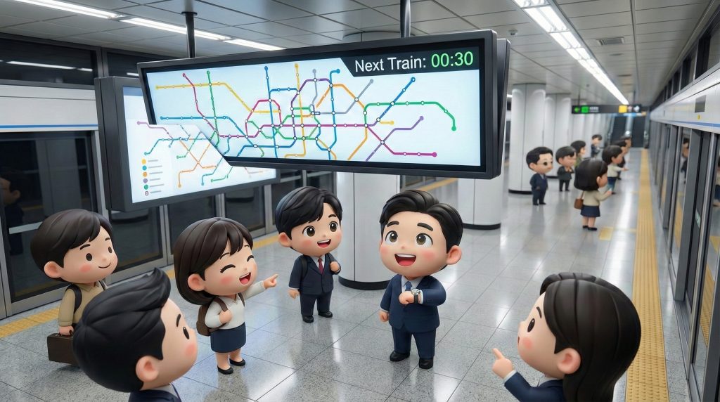  승강장 LCD 모니터를 보며 열차의 완벽한 도착 시간에 기뻐하는 사람들. (People looking at an LCD monitor on the platform, happy with the train's perfect timing.) 