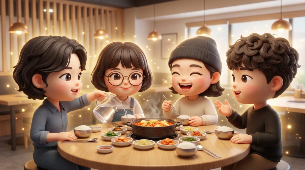 한글: 푸짐하게 차려진 한식 상차림 앞에서 즐겁게 대화하며 식사하는 한국인 친구들의 모습 English: A group of Korean friends enjoying a meal and talking happily in front of a table full of side dishes. 