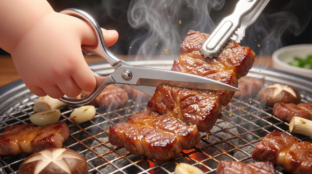 손이 은색 가위로 뜨거운 불판 위 스테이크를 자르고 있고, 고기에서 김이 올라오고 있다.