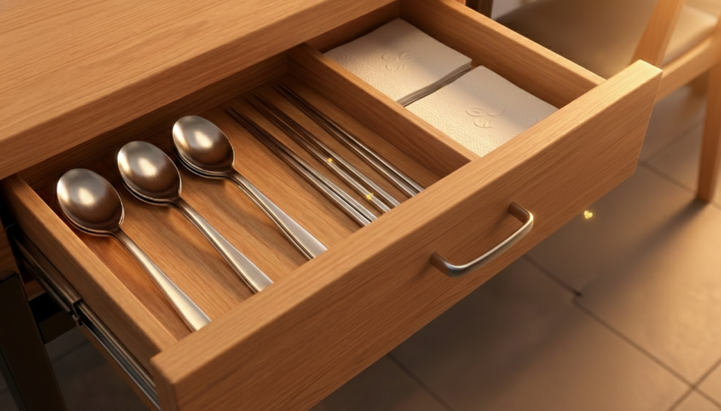 서랍 속에 가지런히 정돈된 스테인리스 숟가락과 젓가락, 그리고 냅킨 뭉치