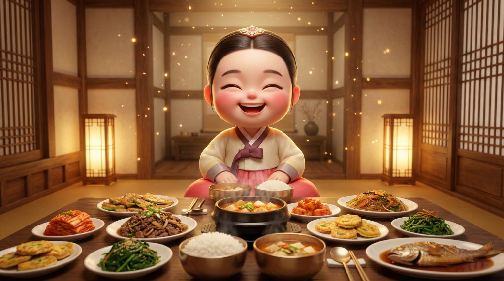 한국음식을 대접하는 한국인캐릭터Korean Character Serves Korean Food