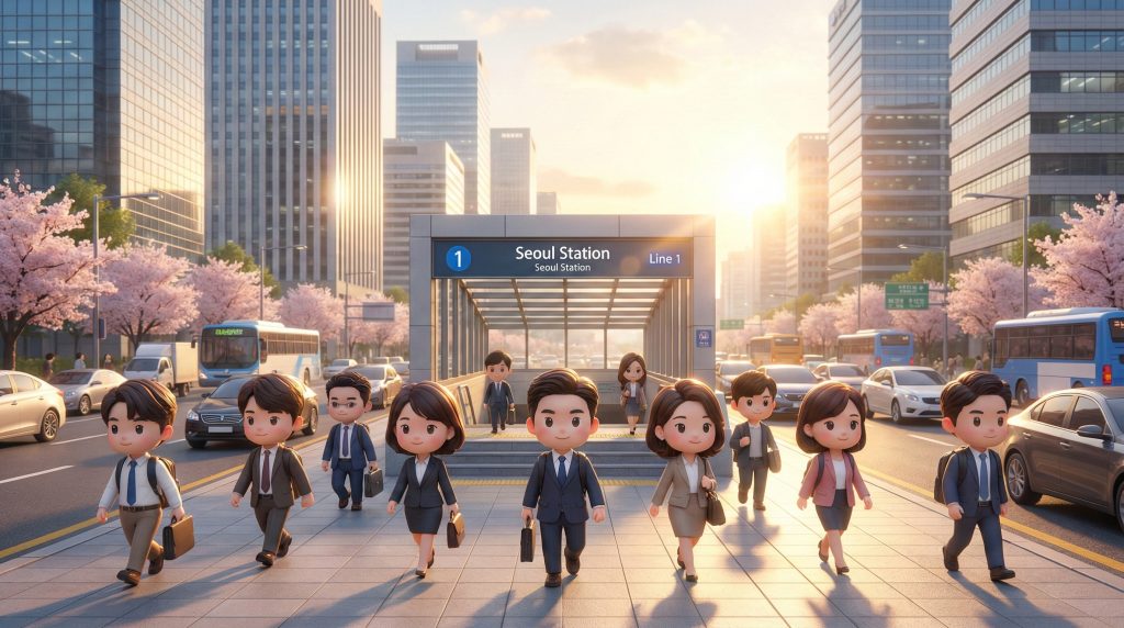 아침 햇살을 받으며 단정한 차림으로 활기차게 출근하는 한국 직장인들 (Korean office workers commuting energetically in the morning sun) 