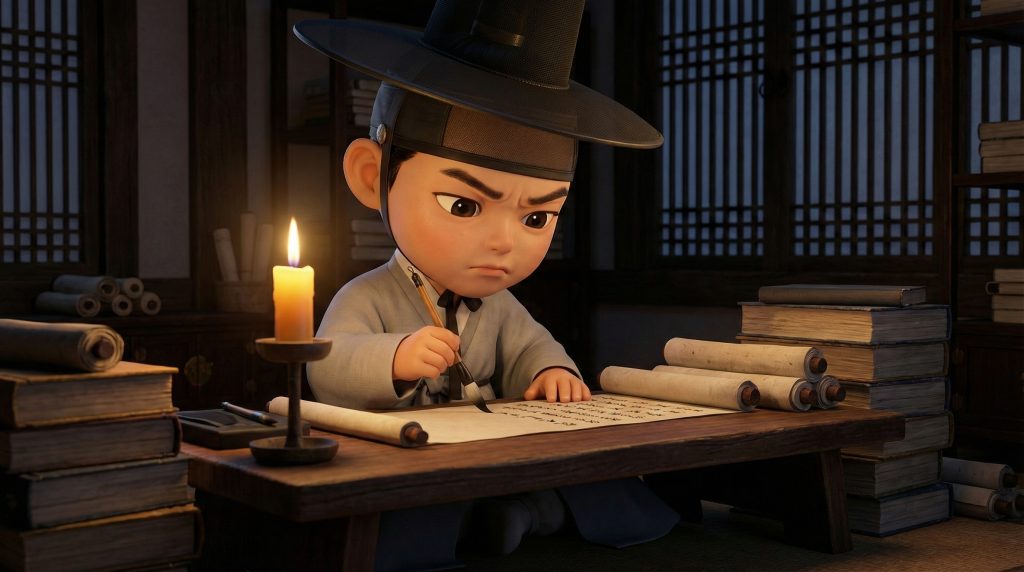 밤늦도록 서계(보고서)를 작성하며 고뇌하는 박문수의 모습 (Bak Mun-su writing a secret report by candlelight, 3D Chibi style)
