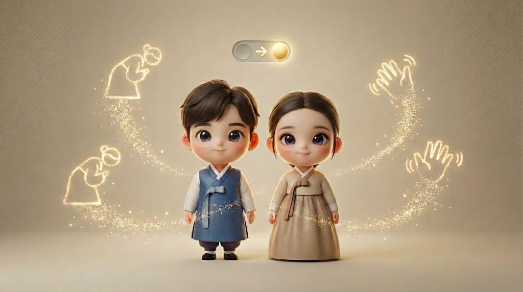 존댓말 모드가 켜지며 ‘존중’이 황금 파티클로 시각화되는 장면 “Honorific mode” visualized with golden particles of respect 