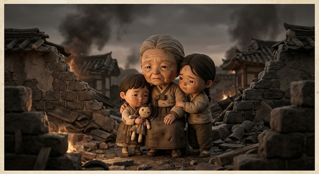 1950년 전쟁 당시 폭격으로 무너진 도심 속에서 희망을 잃지 않고 서로를 부축하는 피난민들 / Refugees supporting each other without losing hope in a city center destroyed by bombing during the 1950 war