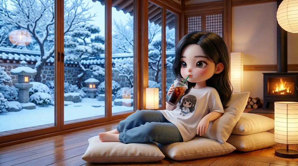 온돌방에서 창밖의 눈을 보며 차가운 커피를 마시는 편안한 모습 (Relaxing and drinking cold coffee while watching snow from a warm Ondol room)